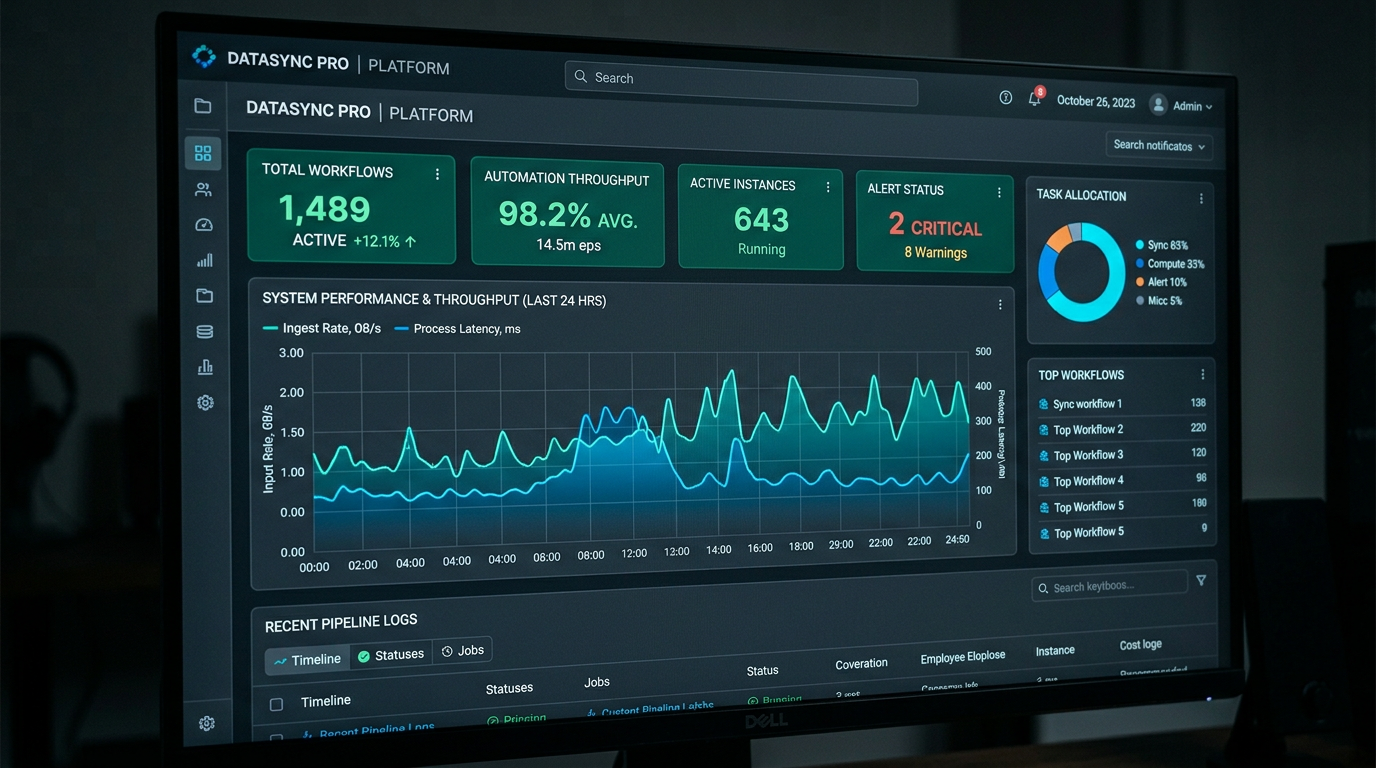 Dark-mode AI operations dashboard with KPIs, throughput metrics, and charts in cyan and blue