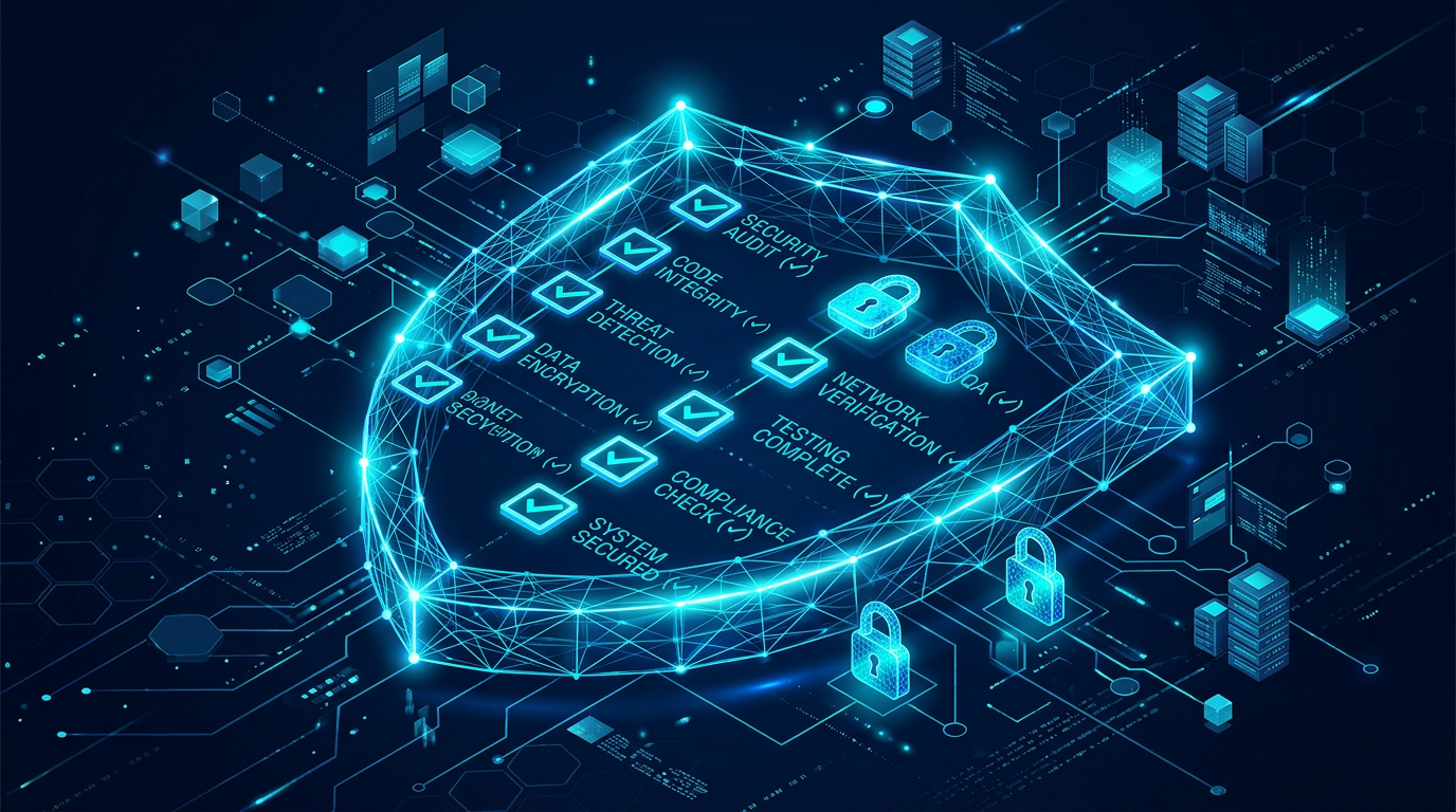 Cybersecurity and quality assurance visualization with shield and checklist motifs