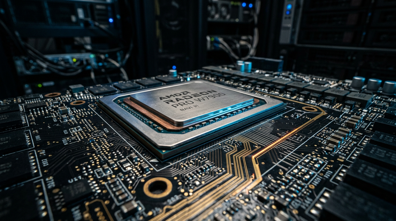 Macro close-up of AI compute hardware on a circuit board with cool blue and cyan lighting